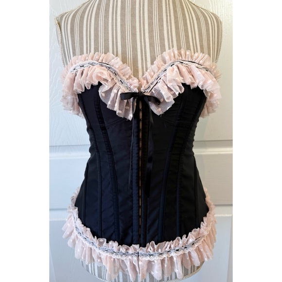 Victoria's Secret Other - RARE Victoria's Secret Sexy Little Things Black Satin Pink Ruffle Corset Medium